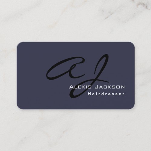 Trendy Stylish Monogram Dark Grey Blue Hairdresser Business Card