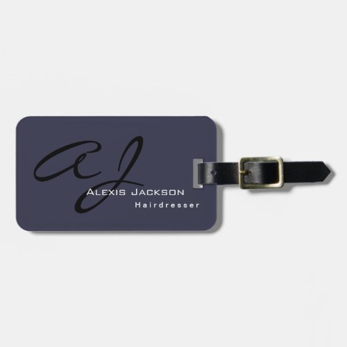 Trendy Stylish Monogram Dark Grey Blue Luggage Tag