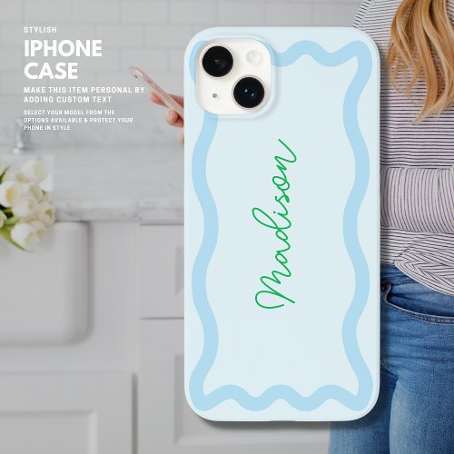 Trendy Stylish Monogram Green and Blue Wavy Edge Case_Mate iPhone 14 Plus Case