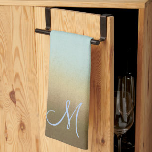 Trendy Stylish Monogram Ombre Blue Brown Kitchen Towel