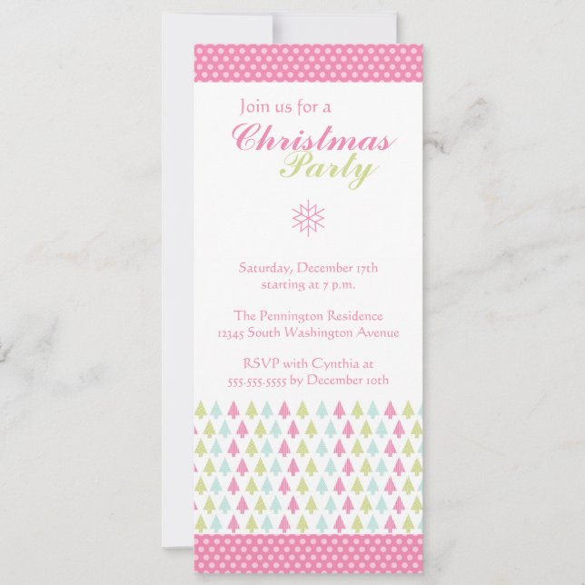 Trendy stylish pink Christmas trees party invite (Front)