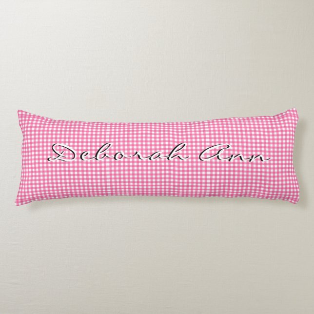 Trendy Stylish Pink Gingham Personalized  Body Pillow (Front)