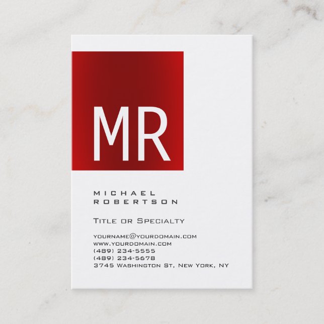 Trendy Stylish Red Monogram White Business Card (Front)