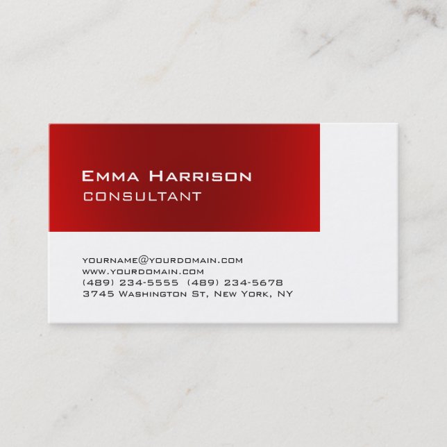 Trendy Stylish Red White Consultant Business Card (Front)