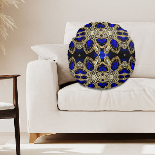 trendy stylish turquoise gold silver deep blue  round pillow