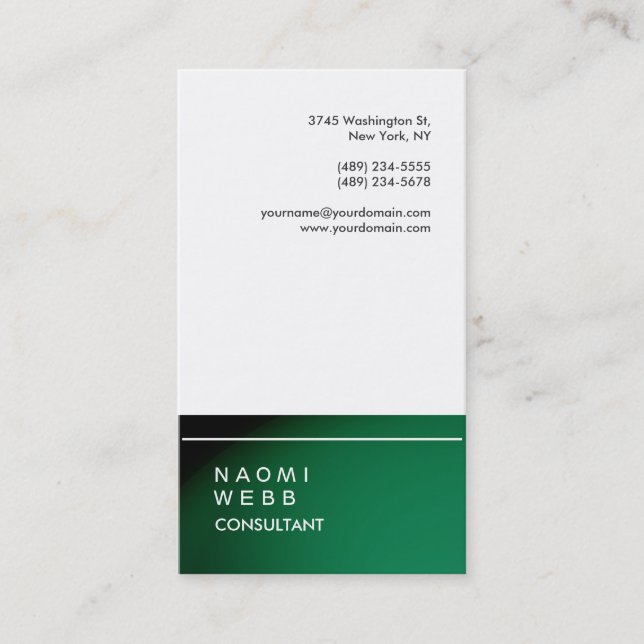 Trendy Stylish White Green Consultant Creative Business Card (Front)