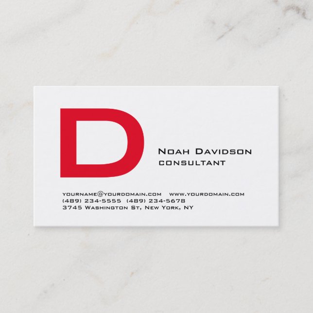 Trendy Stylish White Red Monogram Professional Business Card (Front)