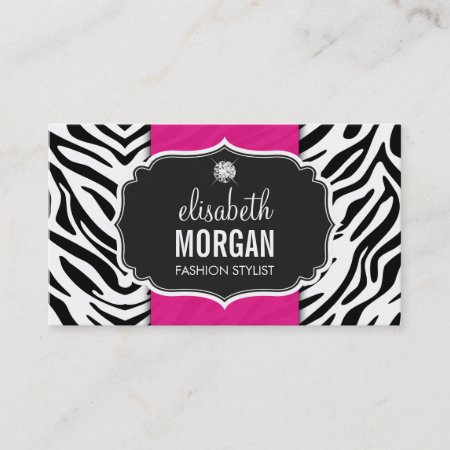 Trendy Stylish Zebra Print Diamond Girly Hot Pink Business Card