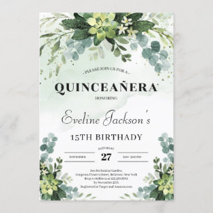 Trendy succulent eucalyptus boho quinceanera invitation