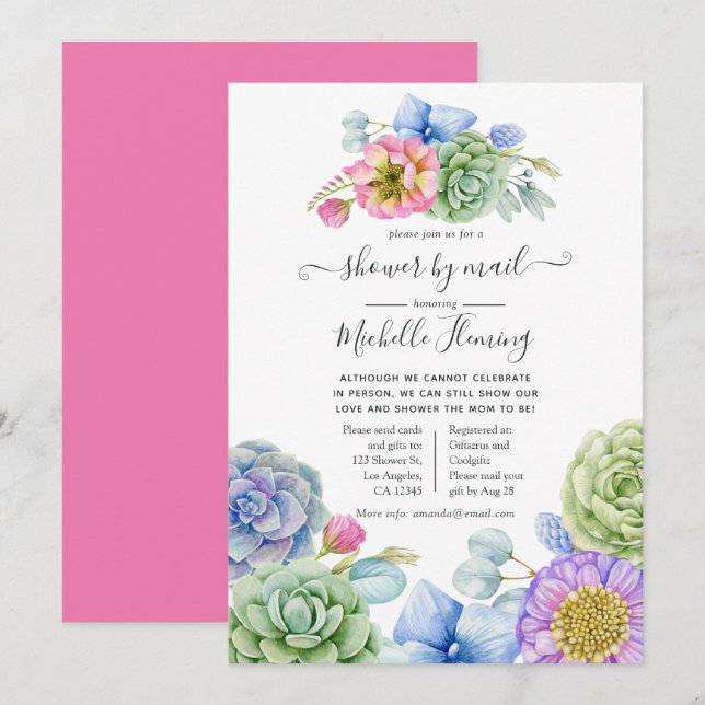 Trendy Succulent Floral Baby Shower by Mail Invitation (Front/Back)