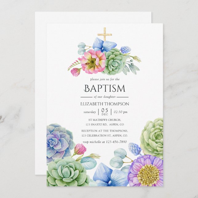 Trendy Succulent Floral Baptism Invitation (Front/Back)
