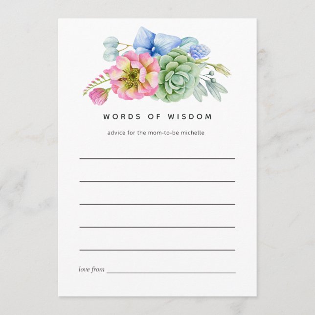 Trendy Succulent Floral Bridal Shower Advice Card (Front)