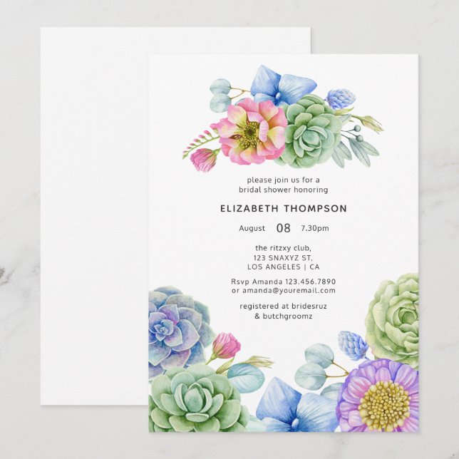 Trendy Succulent Floral Bridal Shower Invitation (Front/Back)