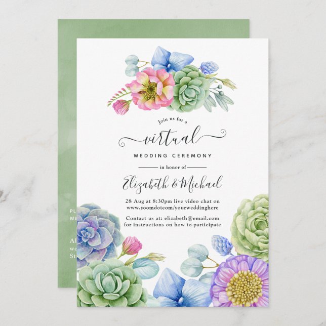 Trendy Succulent Floral Online Virtual Wedding Invitation (Front/Back)