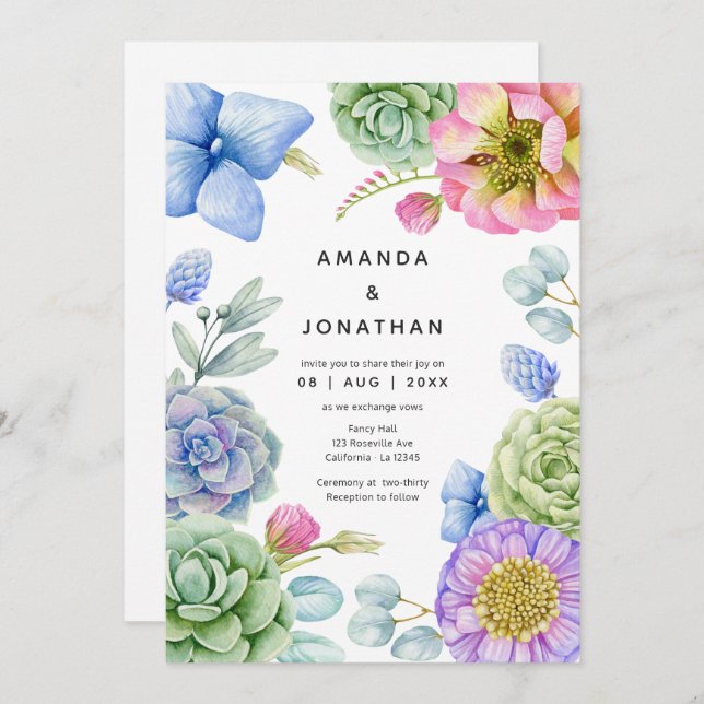 Trendy Succulent Floral Wedding Invitation (Front/Back)