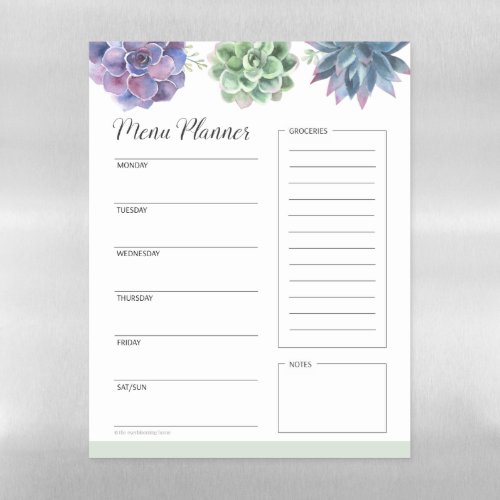Trendy Succulent Weekly Meal Planner Grocery List Magnetic Dry Erase Sheet