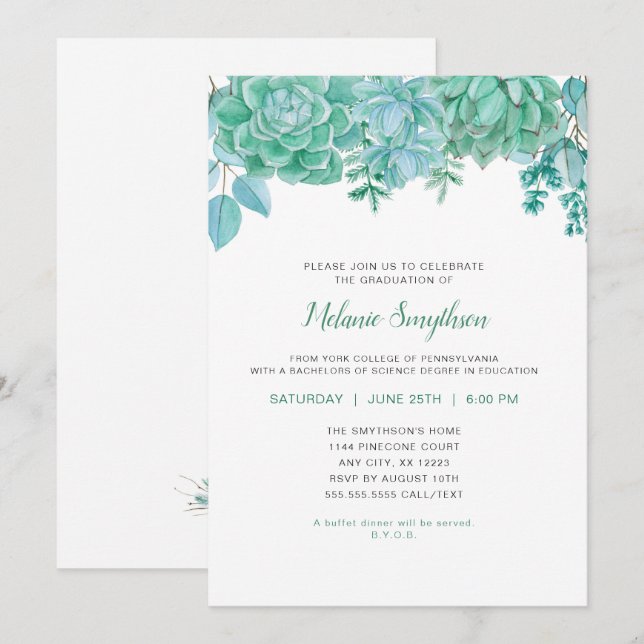 Trendy Succulents graduation party invite (Front/Back)