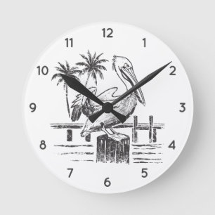 Trendy Summer Beach Palm Tree Pelican On A Post Round Clock