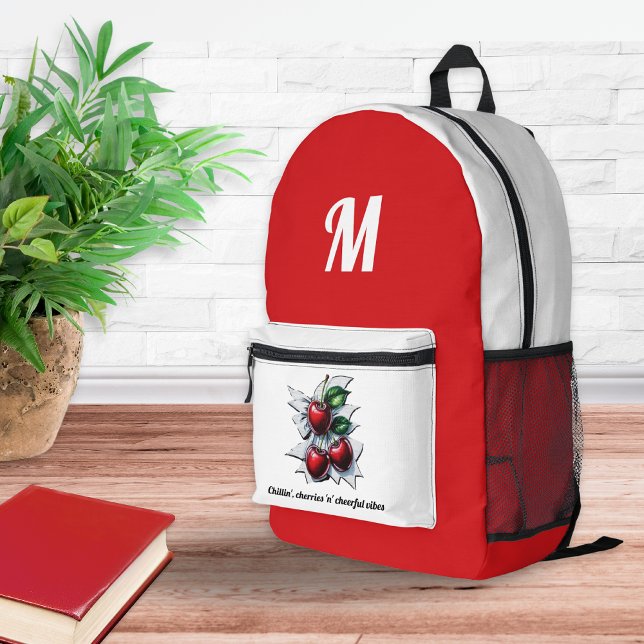 Trendy Summer Cherries Red and White Monogrammed Printed Backpack (A red and white backpack with monogram initial, cherries motif and caption)