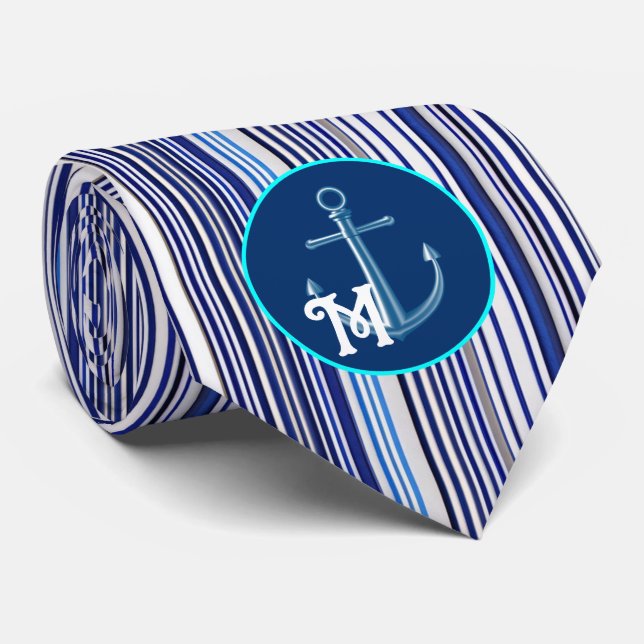 Trendy Summer Navy Blue Boat Stripes Collection Neck Tie (Rolled)