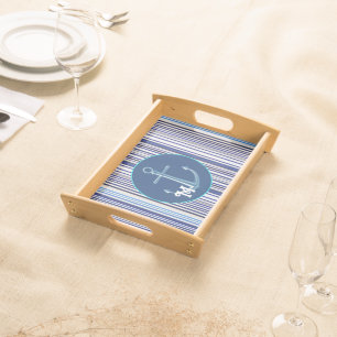 Trendy Summer Navy Blue Boat Stripes Collection Serving Tray
