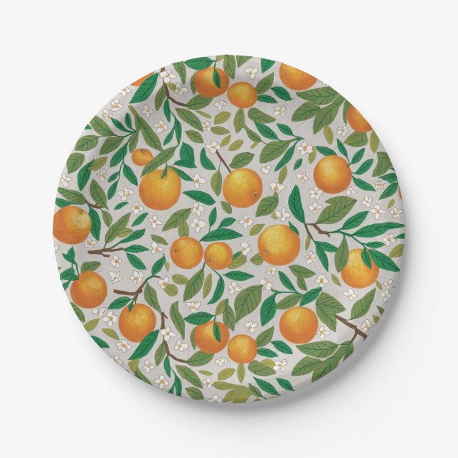 Trendy Summer Oranges Citrus Fruit Blossom Pattern Paper Plates (Front)