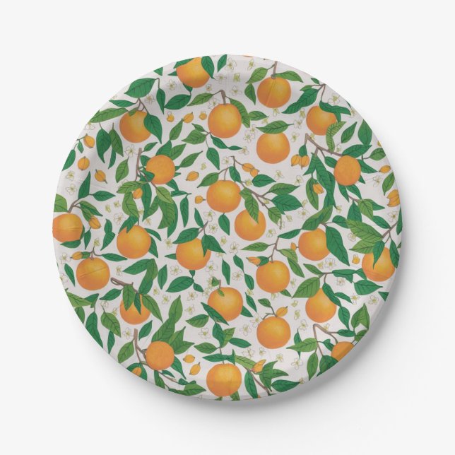 Trendy Summer Oranges Citrus Fruit Blossom Pattern Paper Plates (Front)