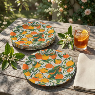 Trendy Summer Oranges Citrus Fruit Blossom Pattern Paper Plates