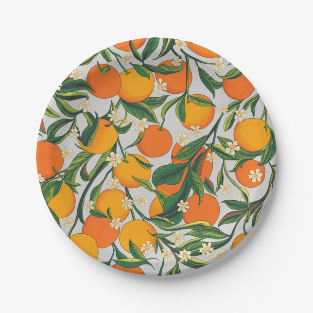 Trendy Summer Oranges Citrus Fruit Blossom Pattern Paper Plates (Front)