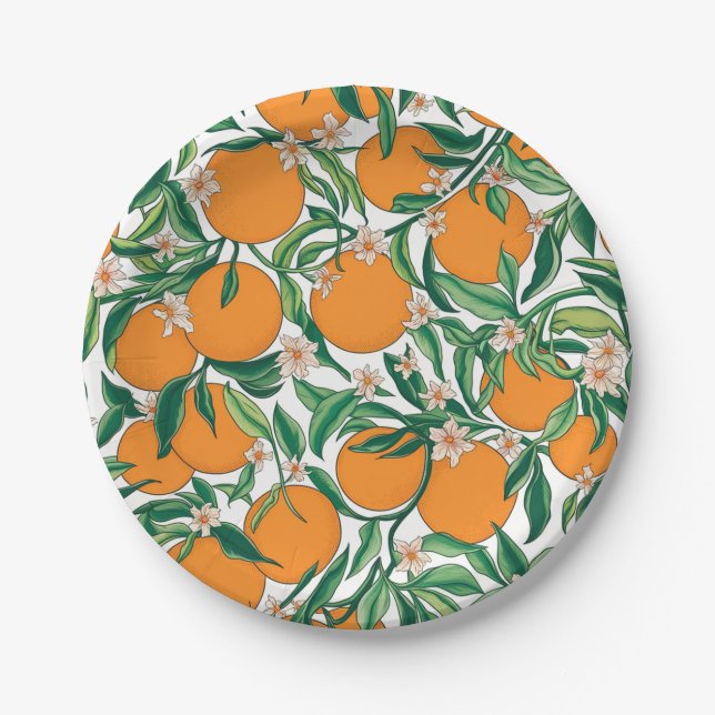 Trendy Summer Oranges Citrus Fruit Blossom Pattern Paper Plates (Front)