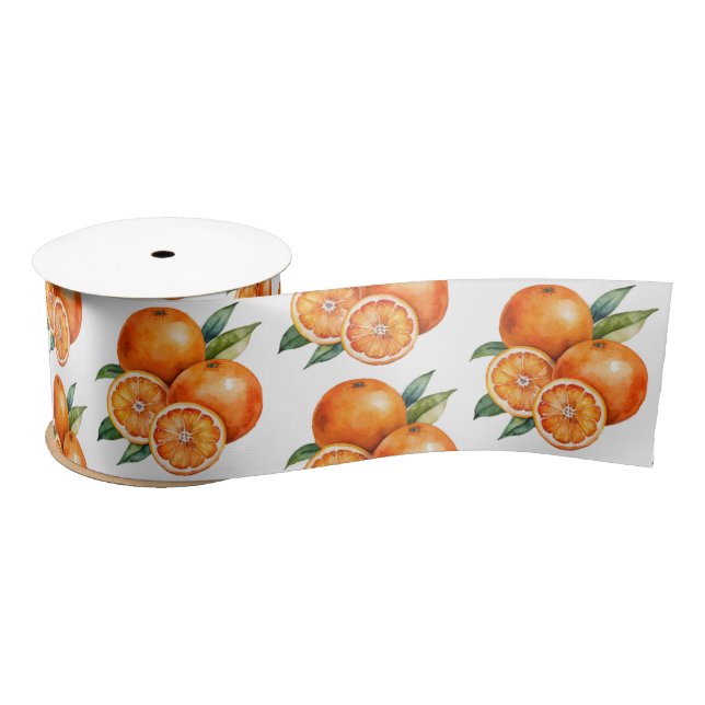 Trendy Summer Oranges Citrus Fruit Blossom Pattern Satin Ribbon (Spool)