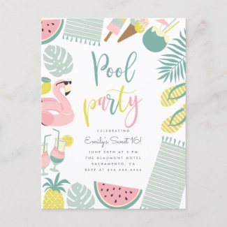 Trendy Summer Pool Party Script Sweet 16 Birthday Invitation Postcard