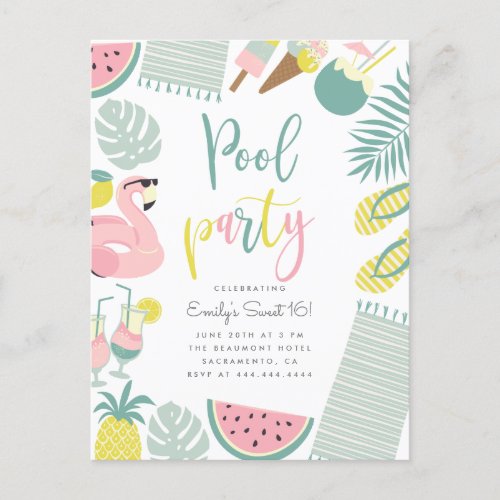Trendy Summer Pool Party Script Sweet 16 Birthday Invitation Postcard