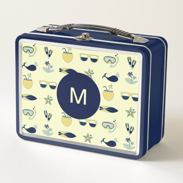 Trendy Summer Symbols Pattern Monogram Metal Lunch Box (Front)