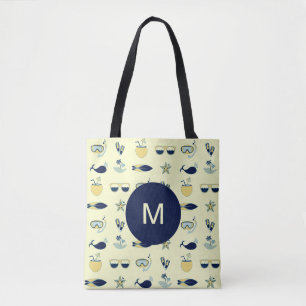 Trendy Summer Symbols Pattern Monogram Tote Bag
