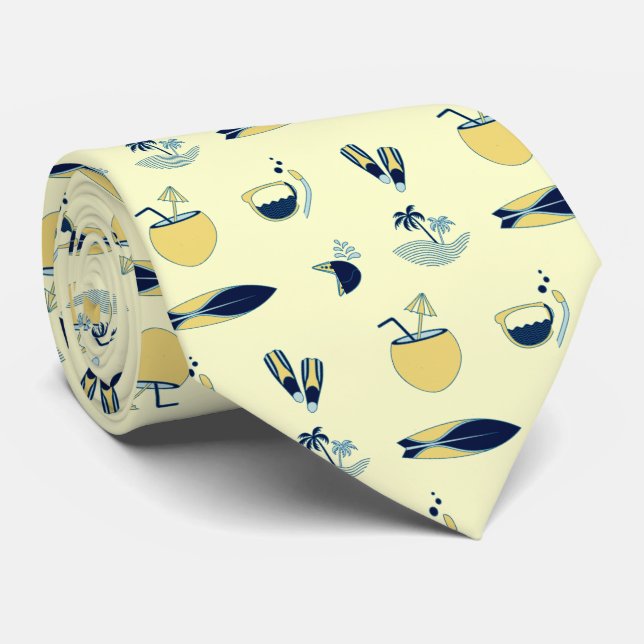 Trendy Summer Symbols Pattern Pastel Yellow Neck Tie (Rolled)