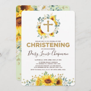 Trendy Sunflower Greenery Yellow Gold Christening Invitation