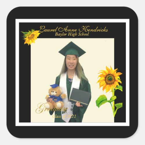 Trendy Sunflower Modern Text Graduate Photo  Square Sticker