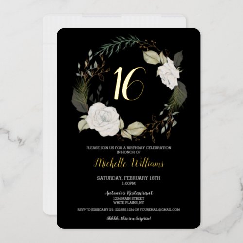 Trendy Sweet 16 Birthday Party Floral Black Gold Foil Invitation