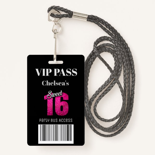 Trendy Sweet 16 Bus Access Barcode Invitation VIP  Badge (Front with Lanyard)