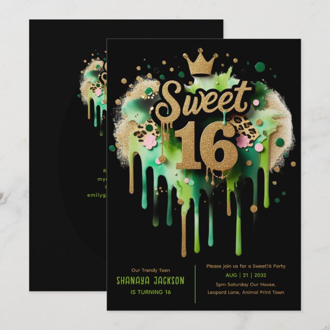 Trendy Sweet 16 Leopard Print Green Gold  Invitation (Front/Back)