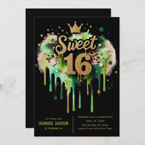 Trendy Sweet 16 Leopard Print Green Gold  Invitation