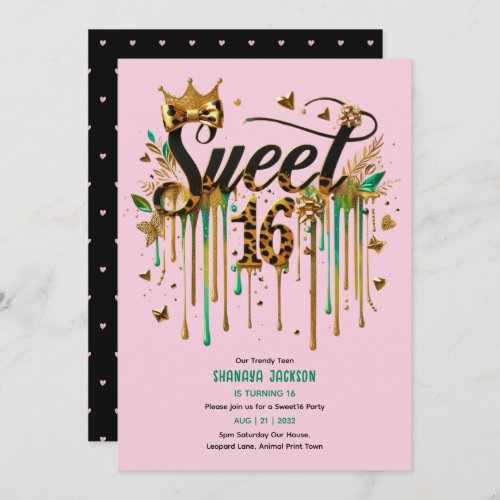 Trendy Sweet 16 Leopard Print Green Pink Gold  Invitation