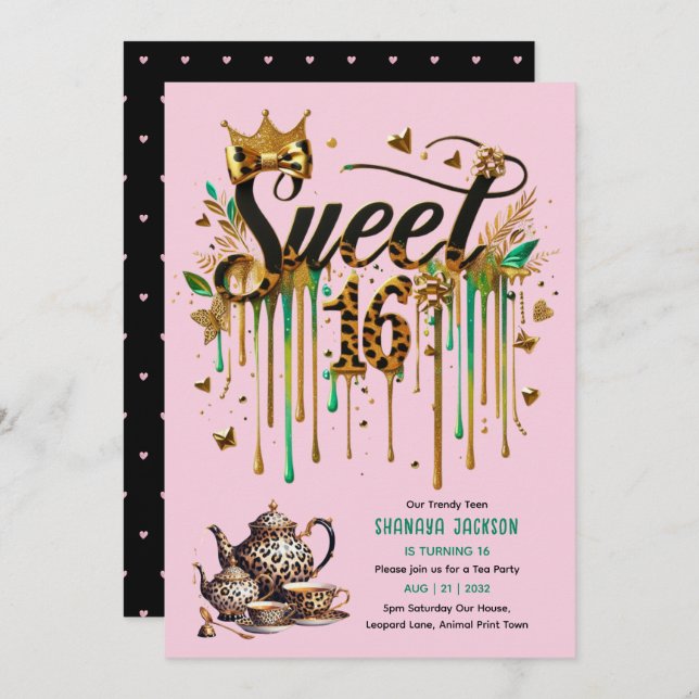 Trendy Sweet 16 Leopard Print Tea Party Invitation (Front/Back)