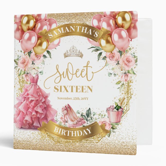 Trendy Sweet 16 Ring Binder Blush Dress Gold Tiara (Front/Inside)