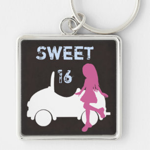 Trendy Sweet 16 Silhouette Girl and Car Keychain