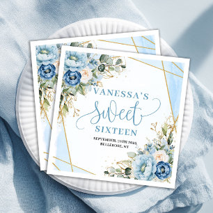Trendy Sweet 16th Dusty Blue Watercolor Floral Paper Dinner Napkins