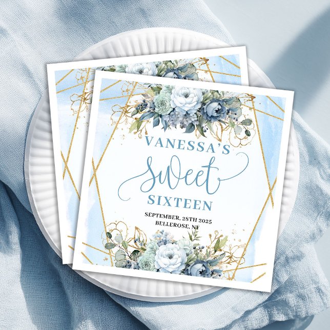 Trendy Sweet Sixteen Dusty Blue Floral Table  Paper Dinner Napkins (Trendy Sweet Sixteen Dusty Blue Floral Table Napkins)