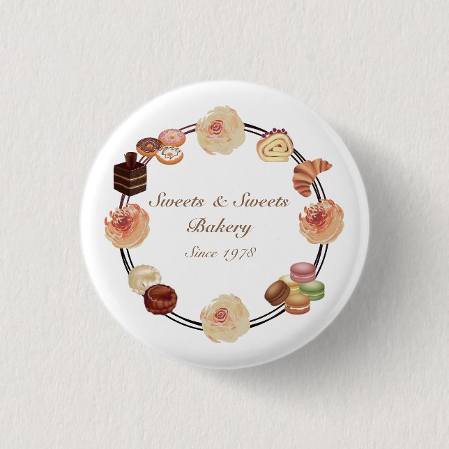 Trendy Sweets Bakery Watercolor Floral Business Button (Front)