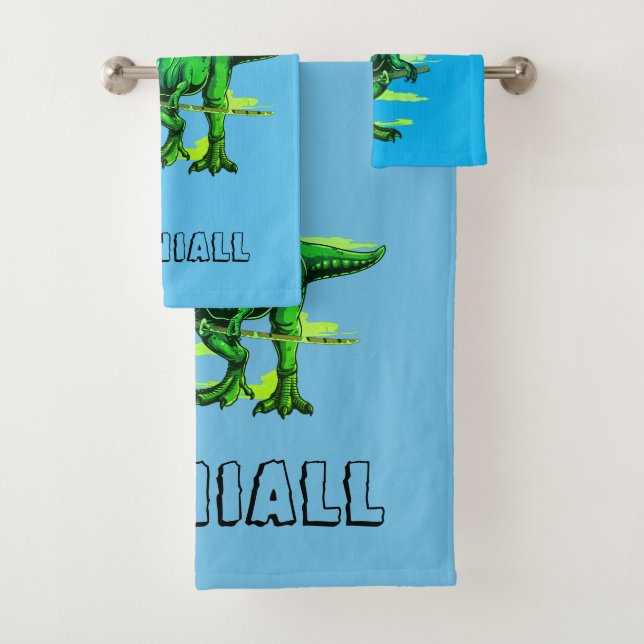 Trendy T Rex Dinosaur Personalized Bath Towel Set (Insitu)